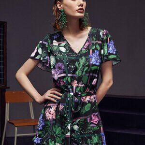 Floral Print Butterfly Sleeve Ruffle Hem Belted Romper - Size L - EUC